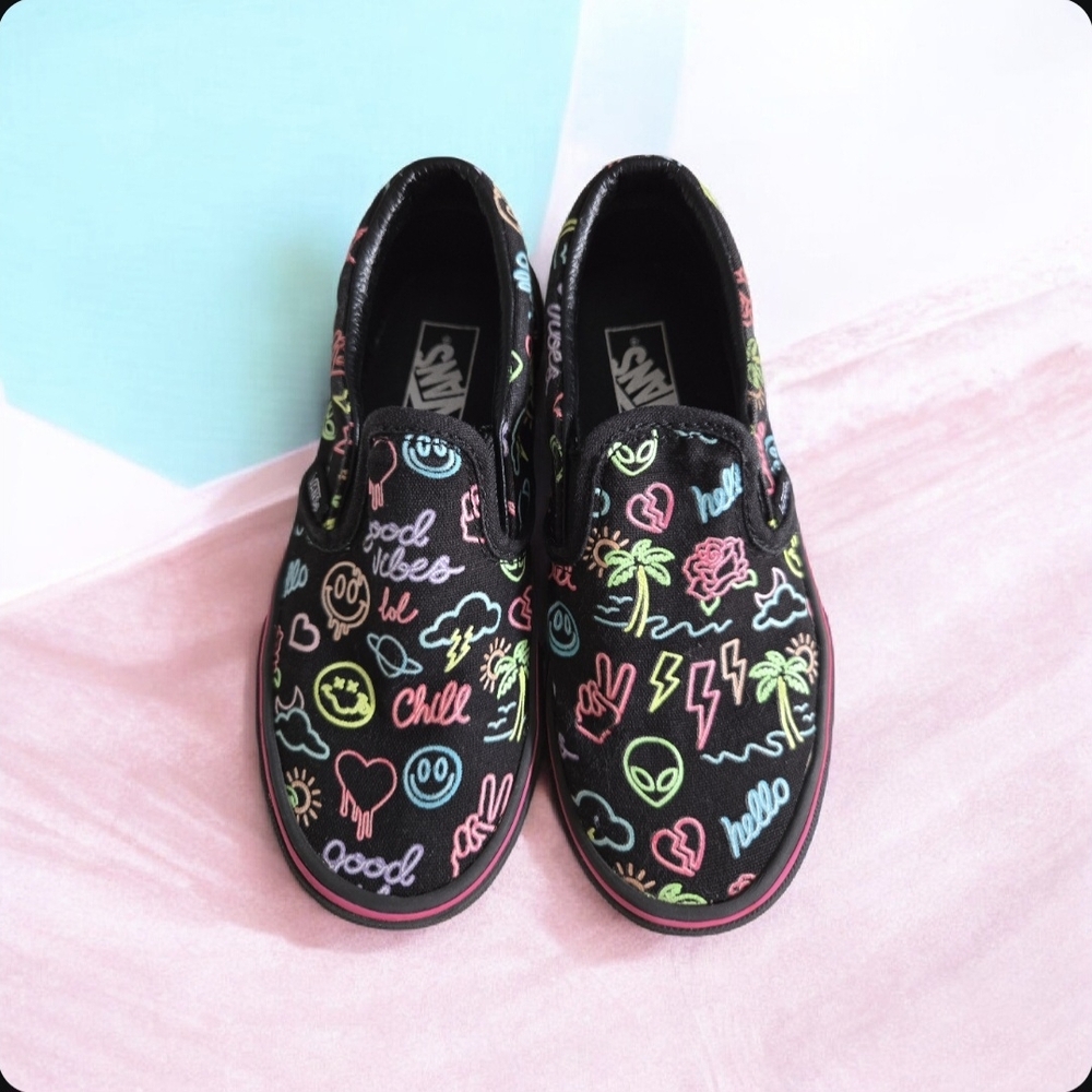 Vans Classic Slip-On in the "Chill Vibes" / "Neon Lights" black canvas Sneakers